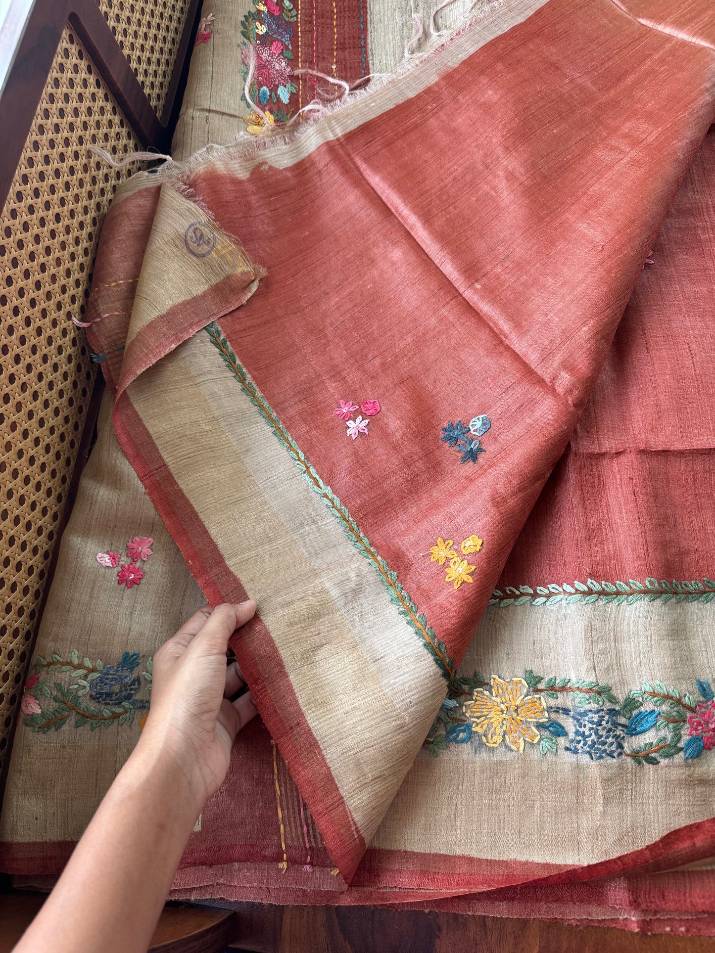 Hand Embroidered Pure Tussar Saree - Rustic Red