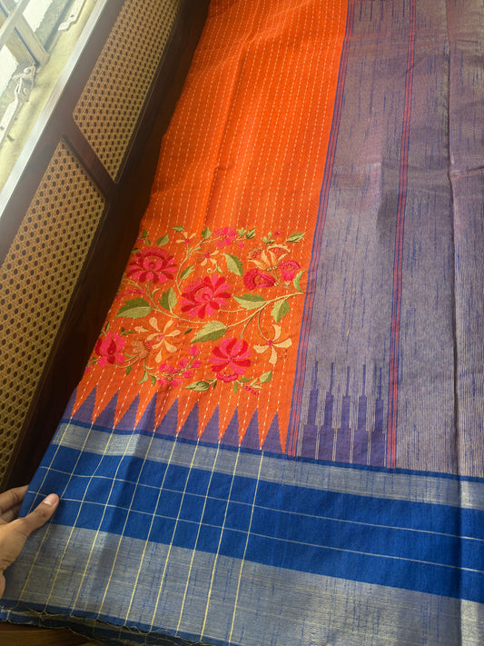 Semi Raw silk embroidered saree - Orange & Blue checks