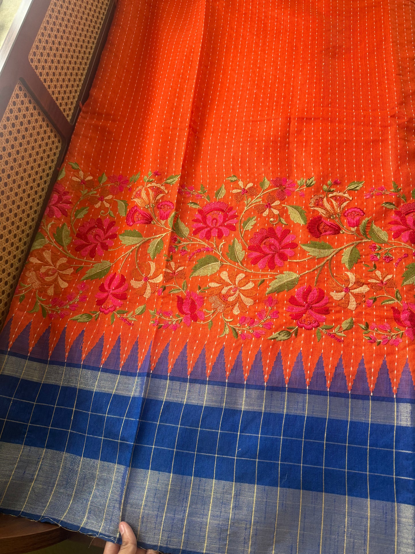 Semi Raw silk embroidered saree - Orange & Blue checks