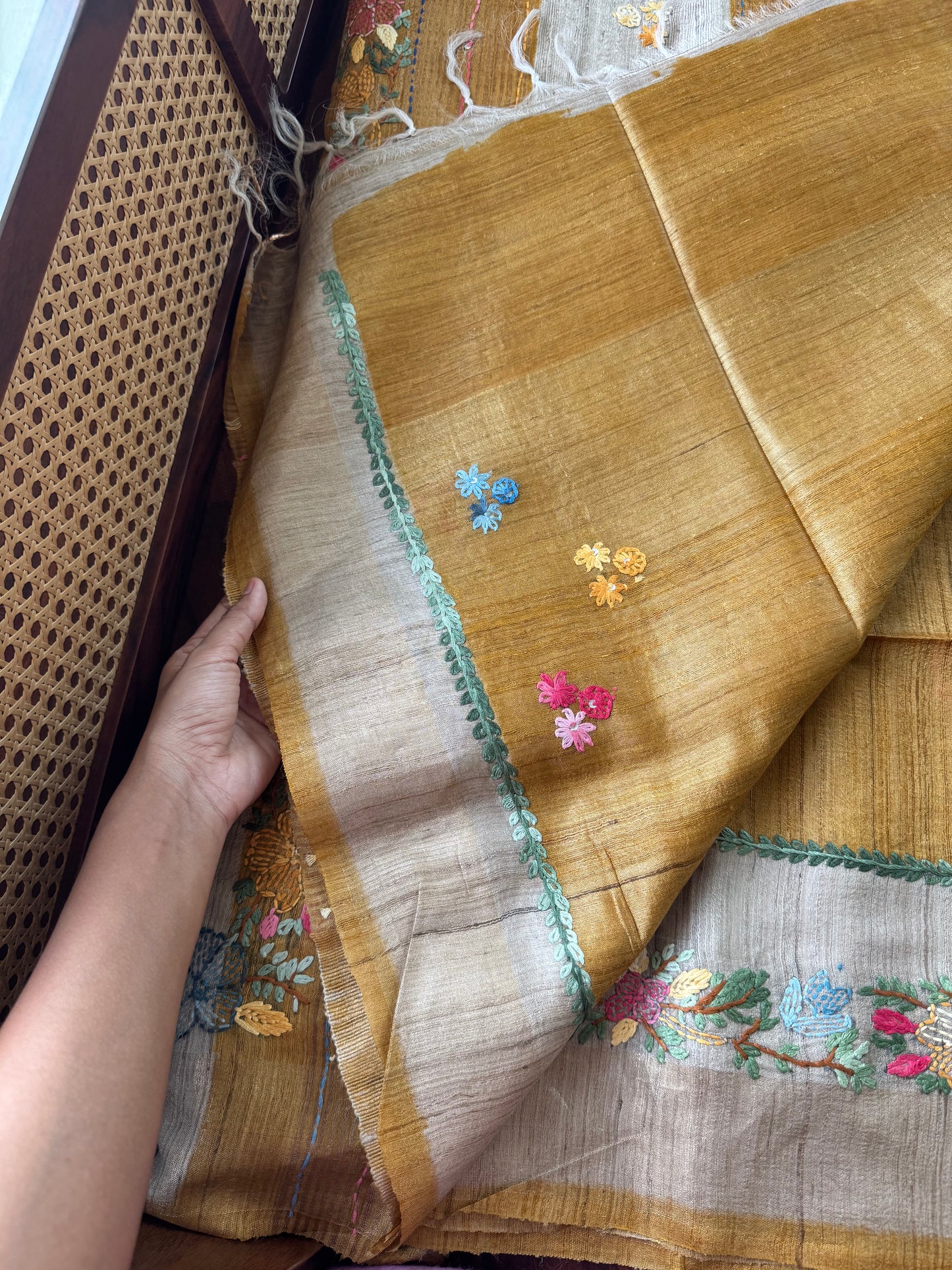 Hand Embroidered Pure Tussar Saree - Mustard Yellow