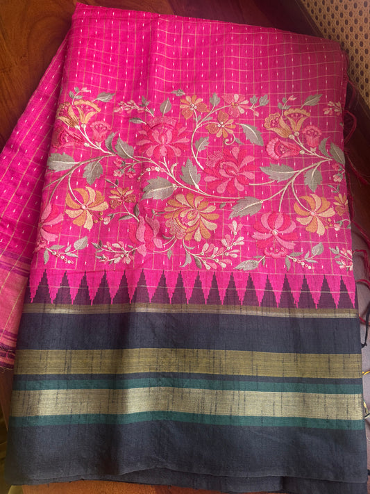 Semi Raw silk embroidered saree - Pink & Black