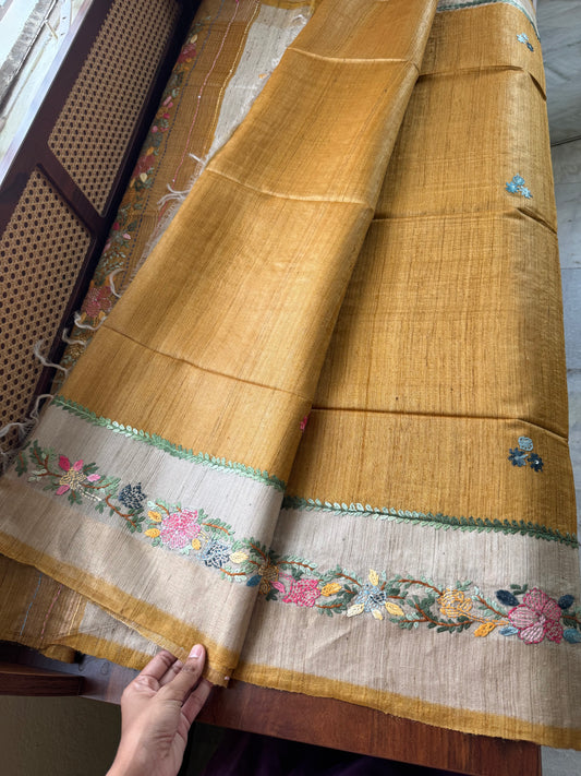 Hand Embroidered Pure Tussar Saree - Mustard Yellow