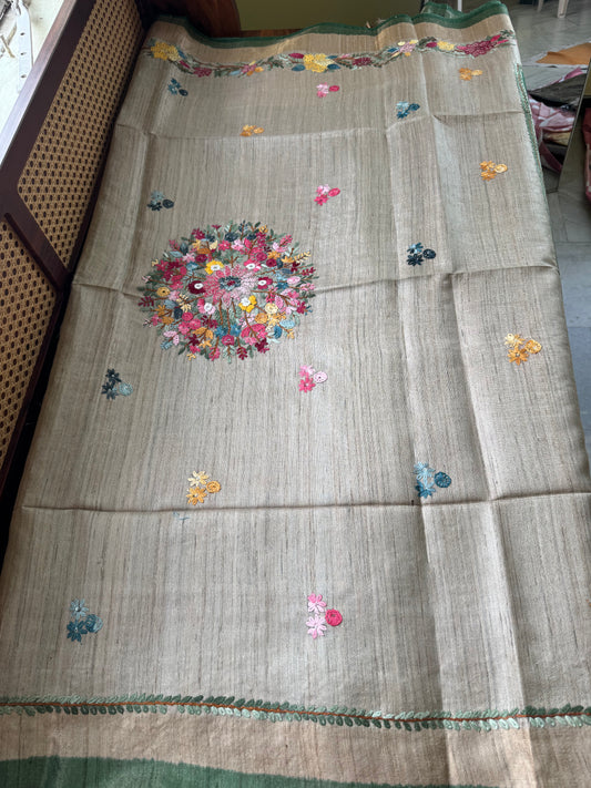 Hand Embroidered Pure Tussar Saree - Green