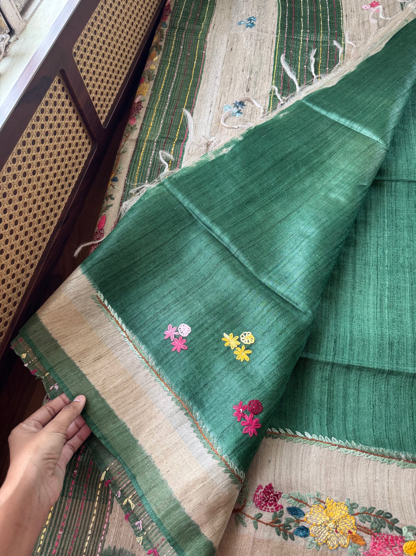 Hand Embroidered Pure Tussar Saree - Green