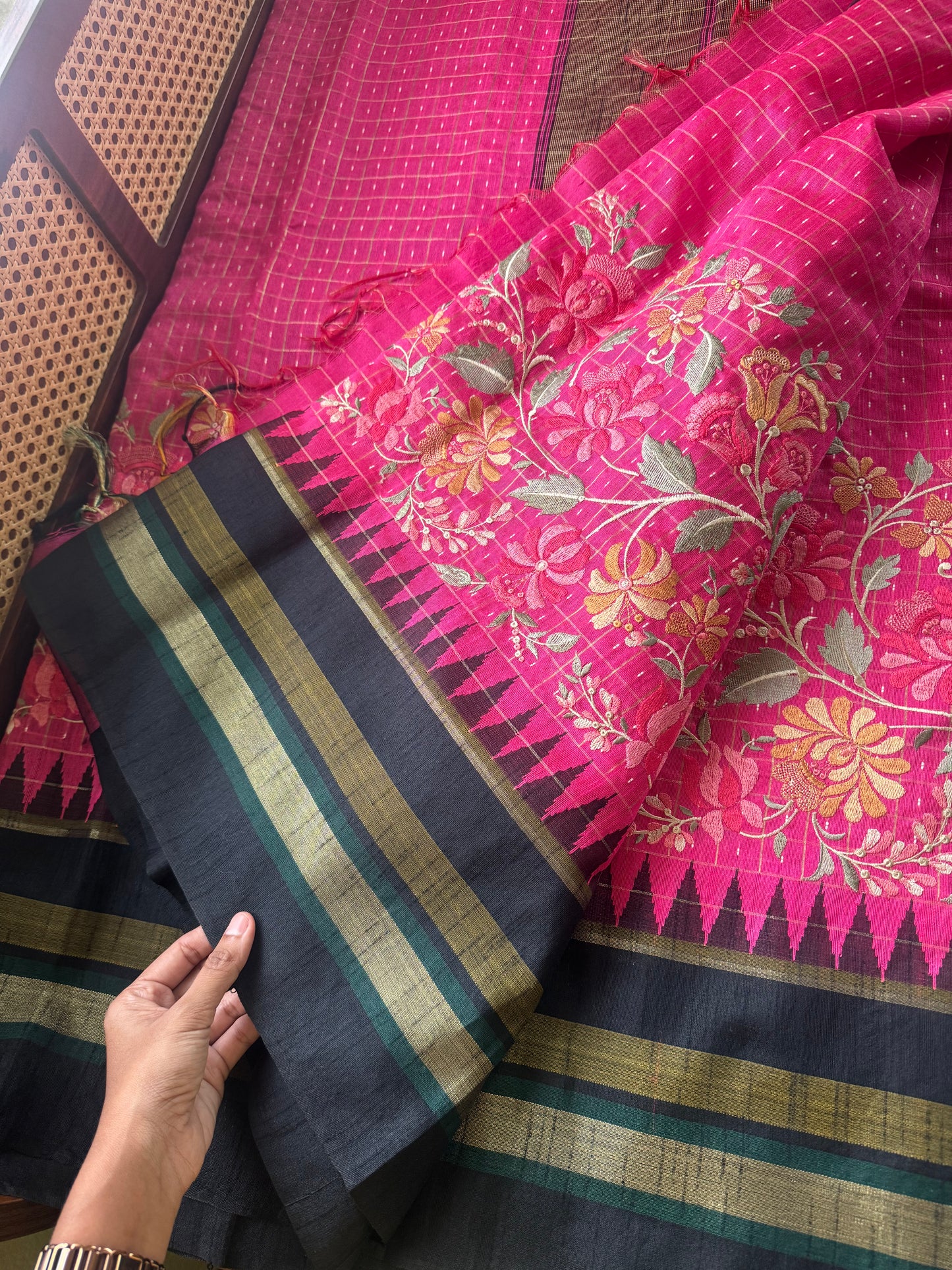 Semi Raw silk embroidered saree - Pink & Black