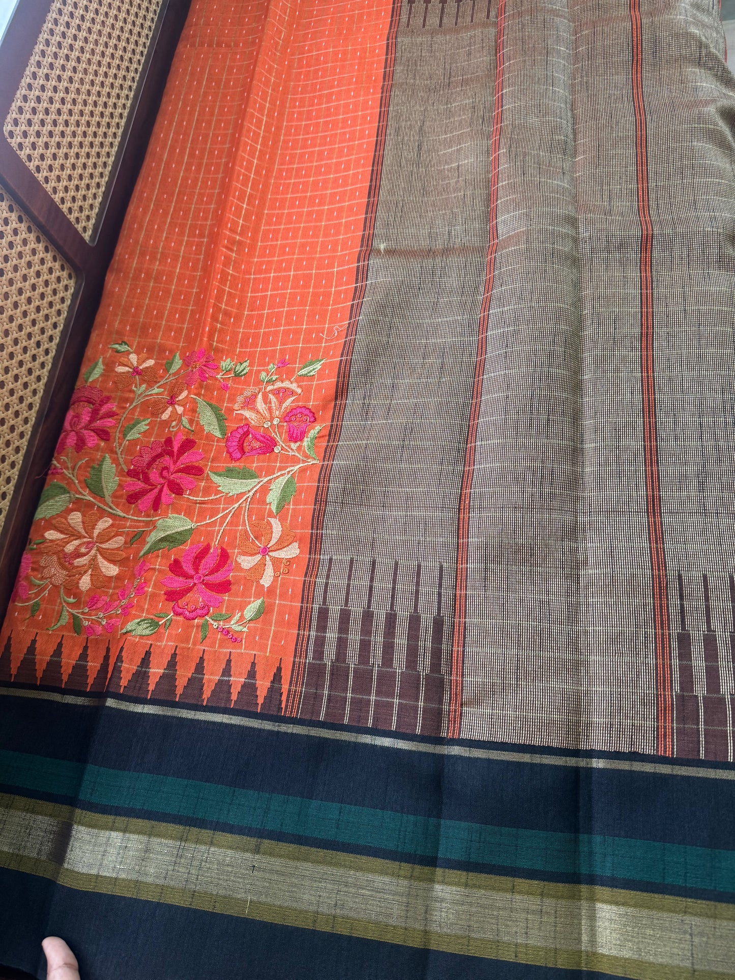 Semi Raw silk embroidered saree - Orange & Black