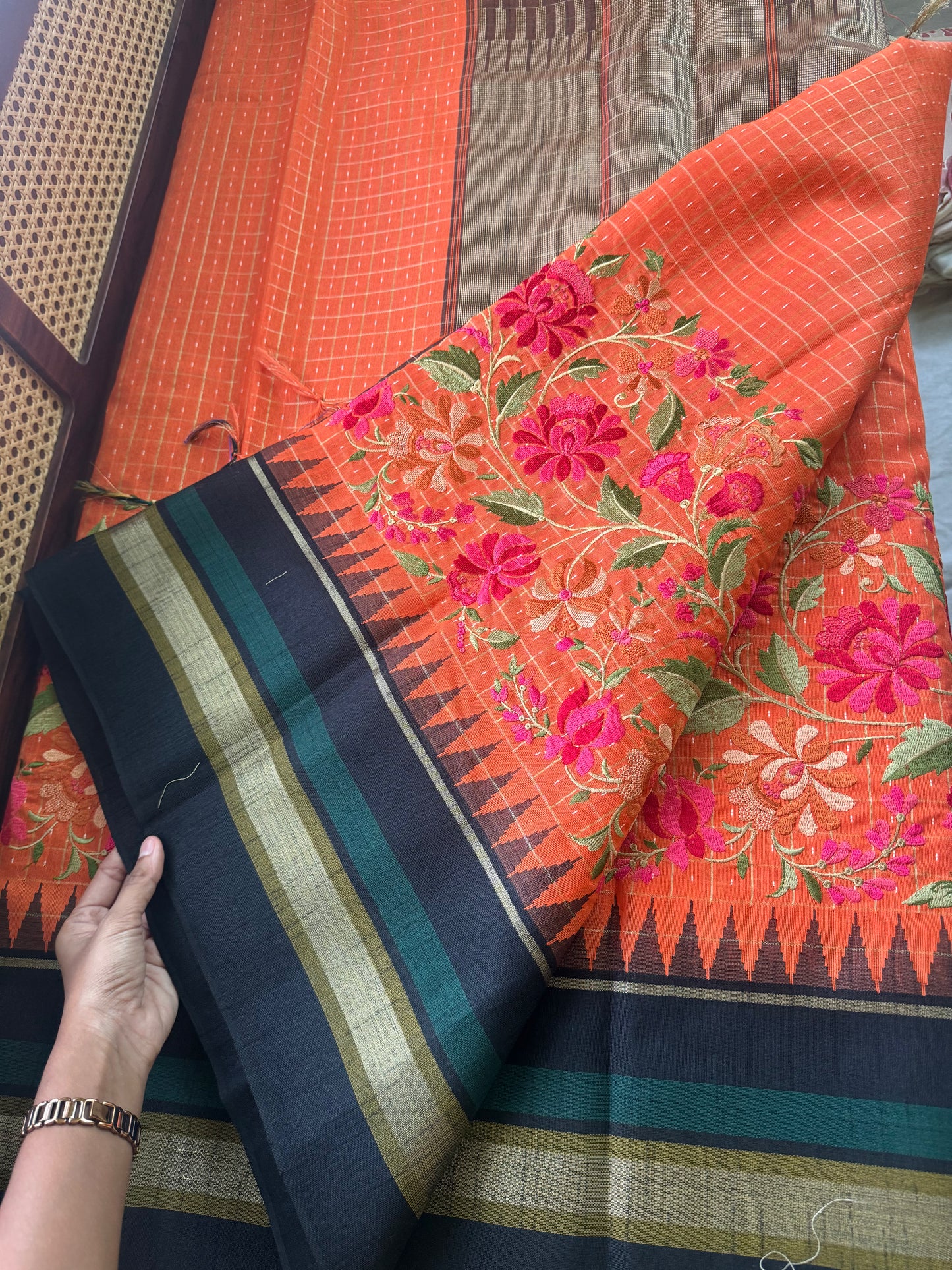Semi Raw silk embroidered saree - Orange & Black