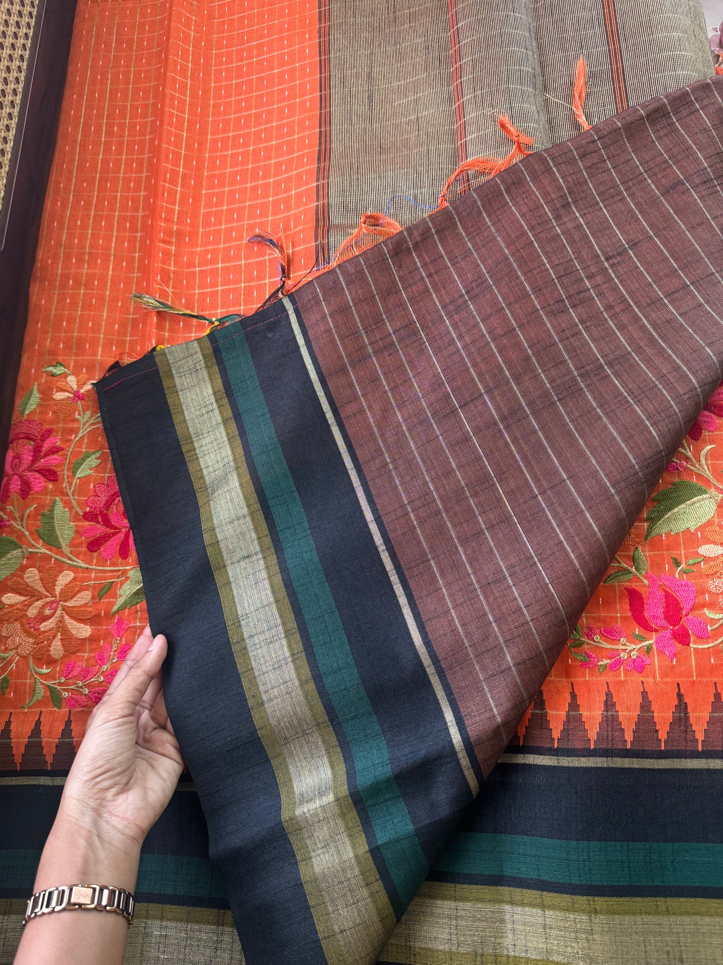 Semi Raw silk embroidered saree - Orange & Black