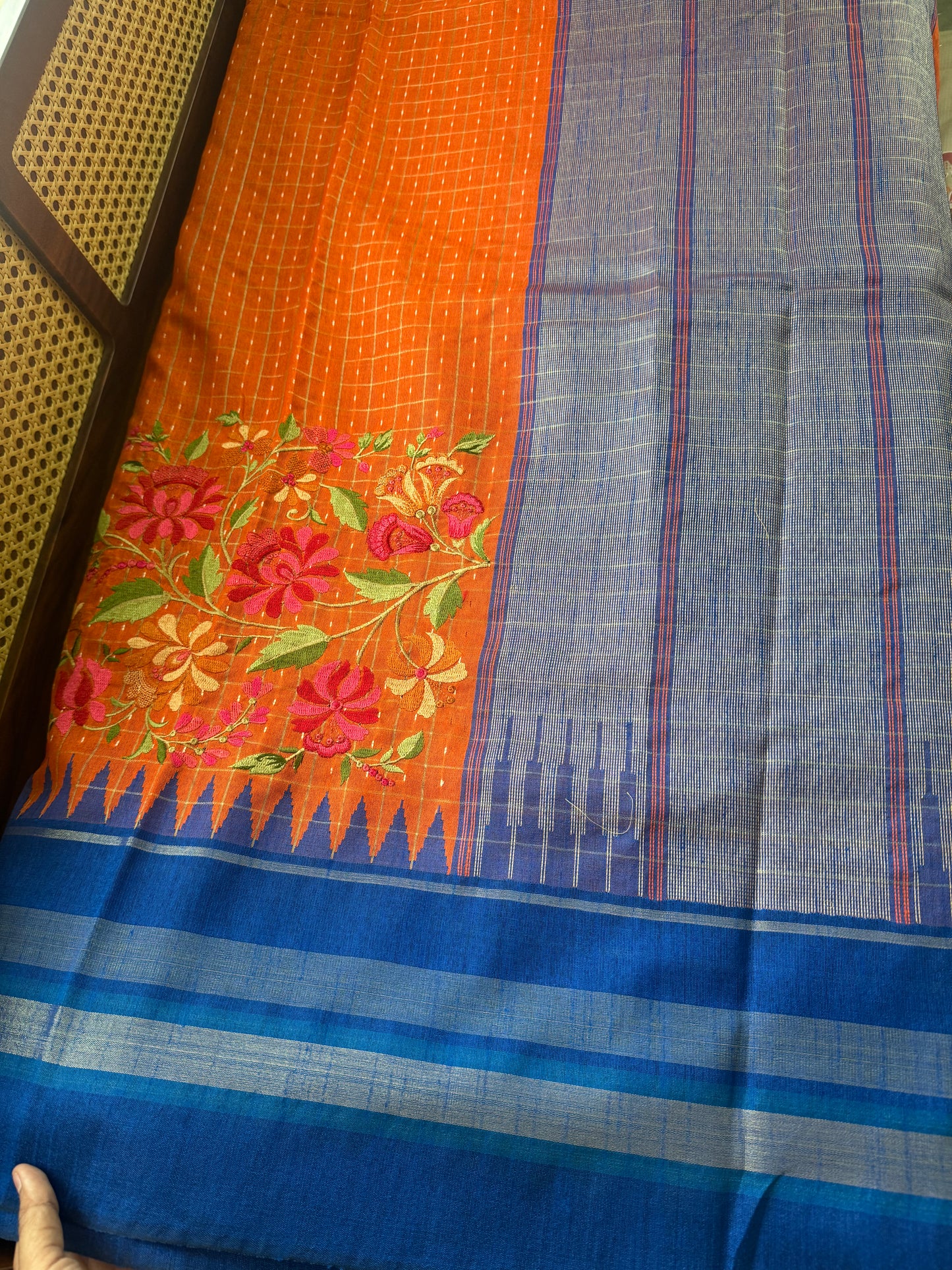 Semi Raw silk embroidered saree - Orange & Blue
