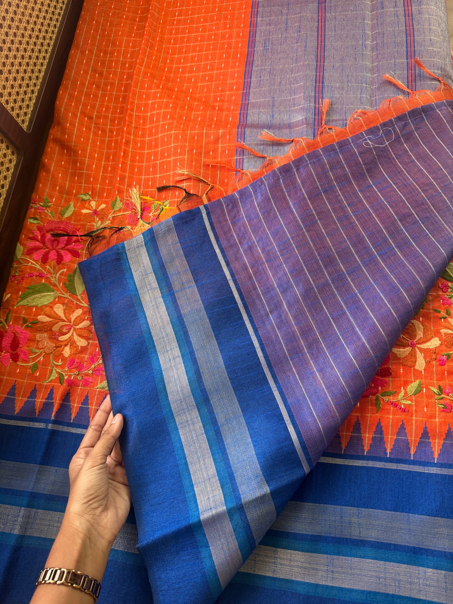 Semi Raw silk embroidered saree - Orange & Blue