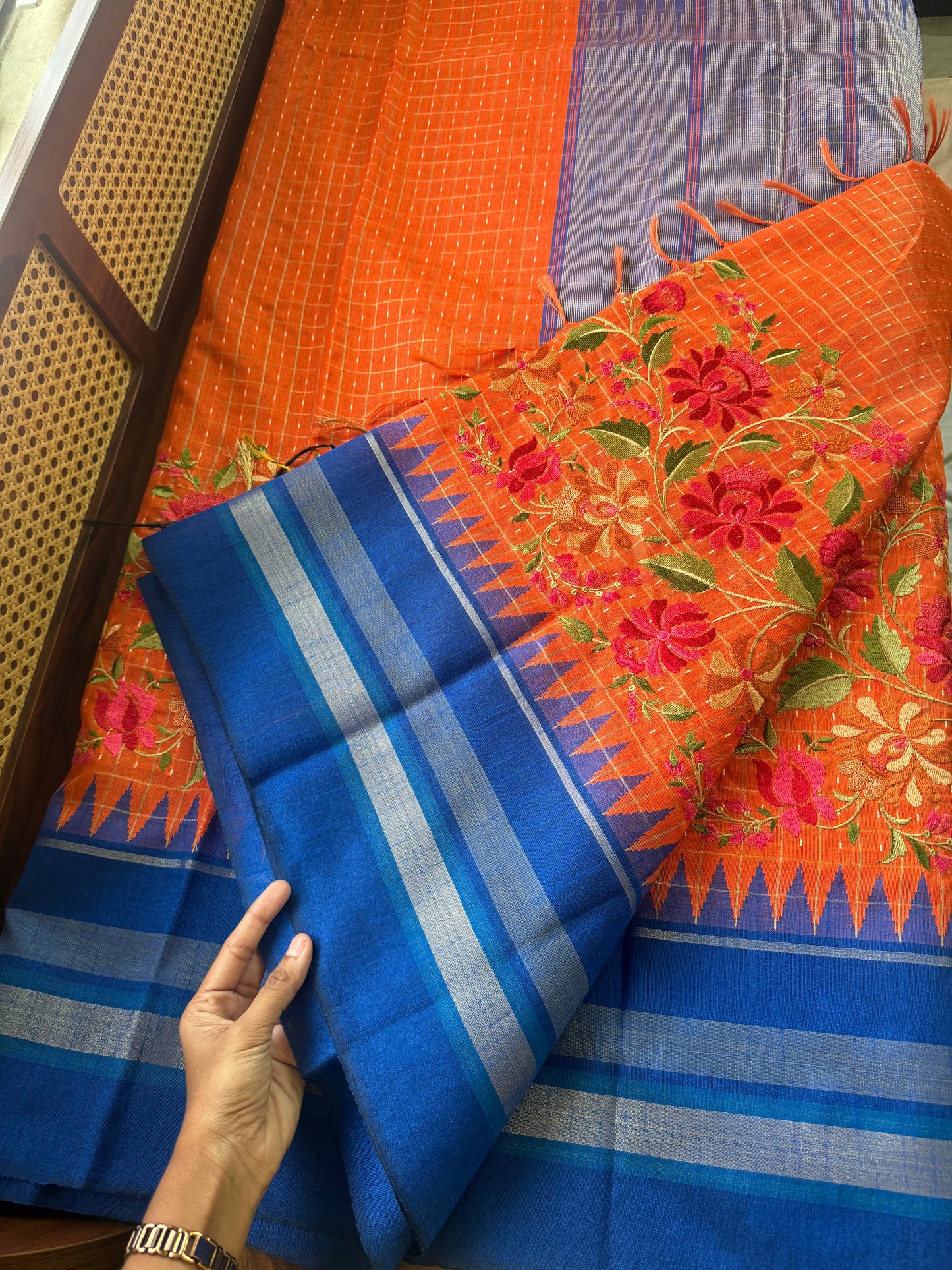 Semi Raw silk embroidered saree - Orange & Blue