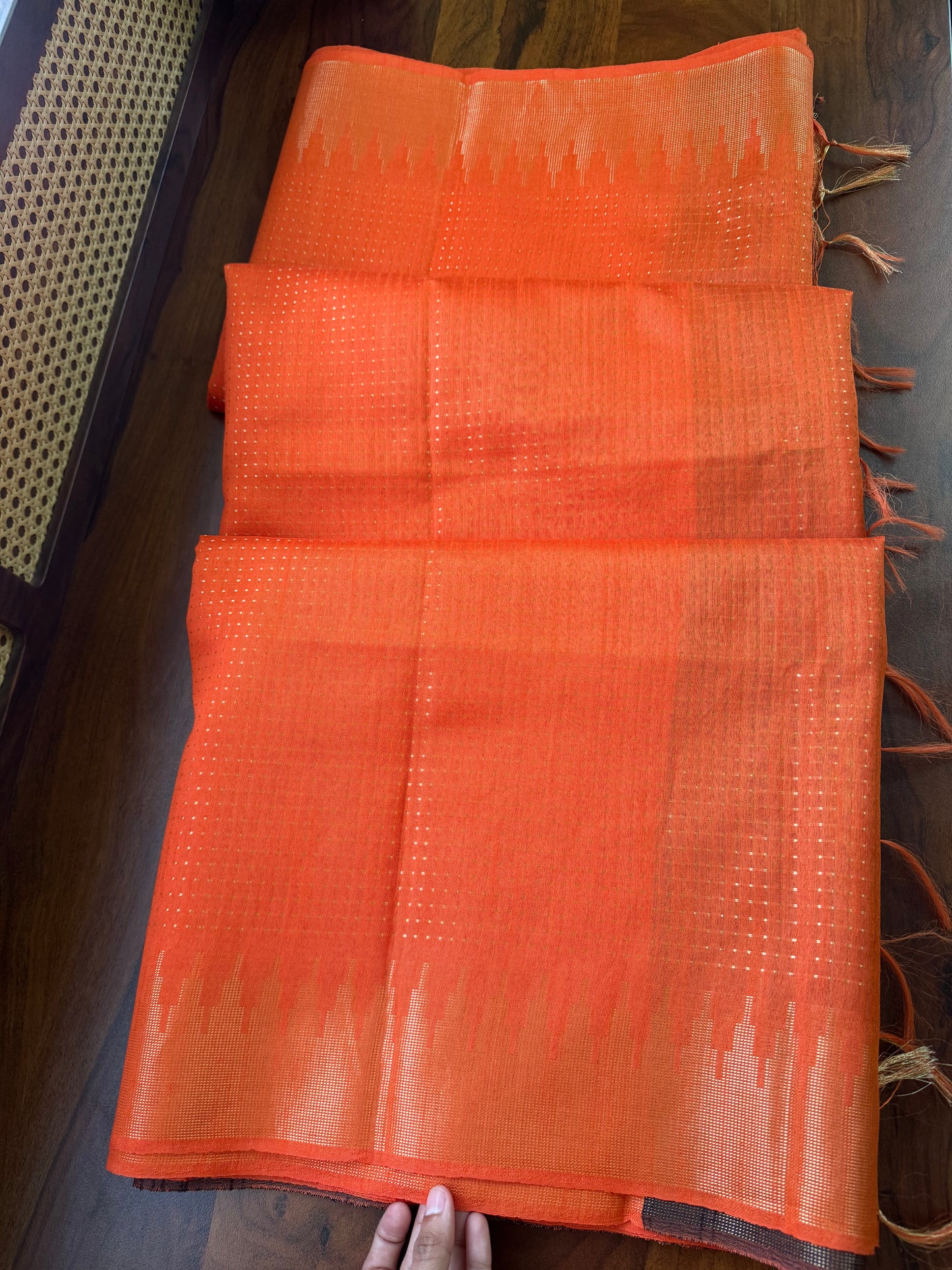 Semi Raw silk saree with statement pallu - Orange & Blue