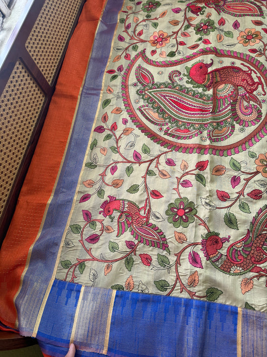 Semi Raw silk saree with statement pallu - Orange & Blue