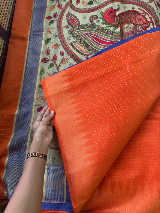 Semi Raw silk saree with statement pallu - Orange & Blue