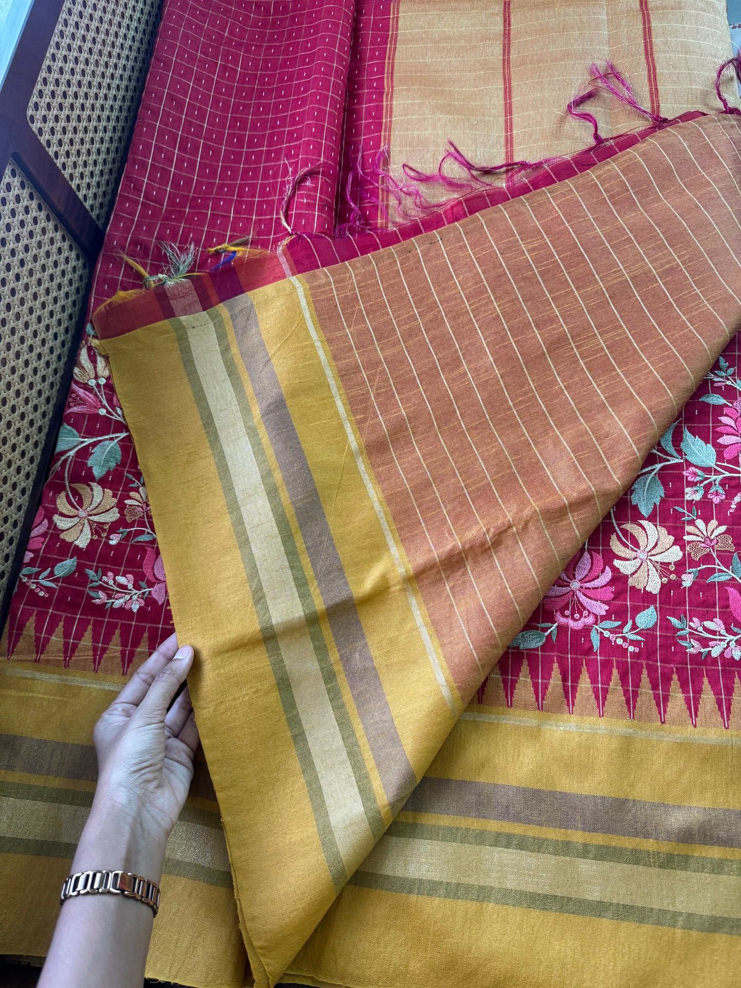 Semi Raw silk embroidered saree - Red & Yellow