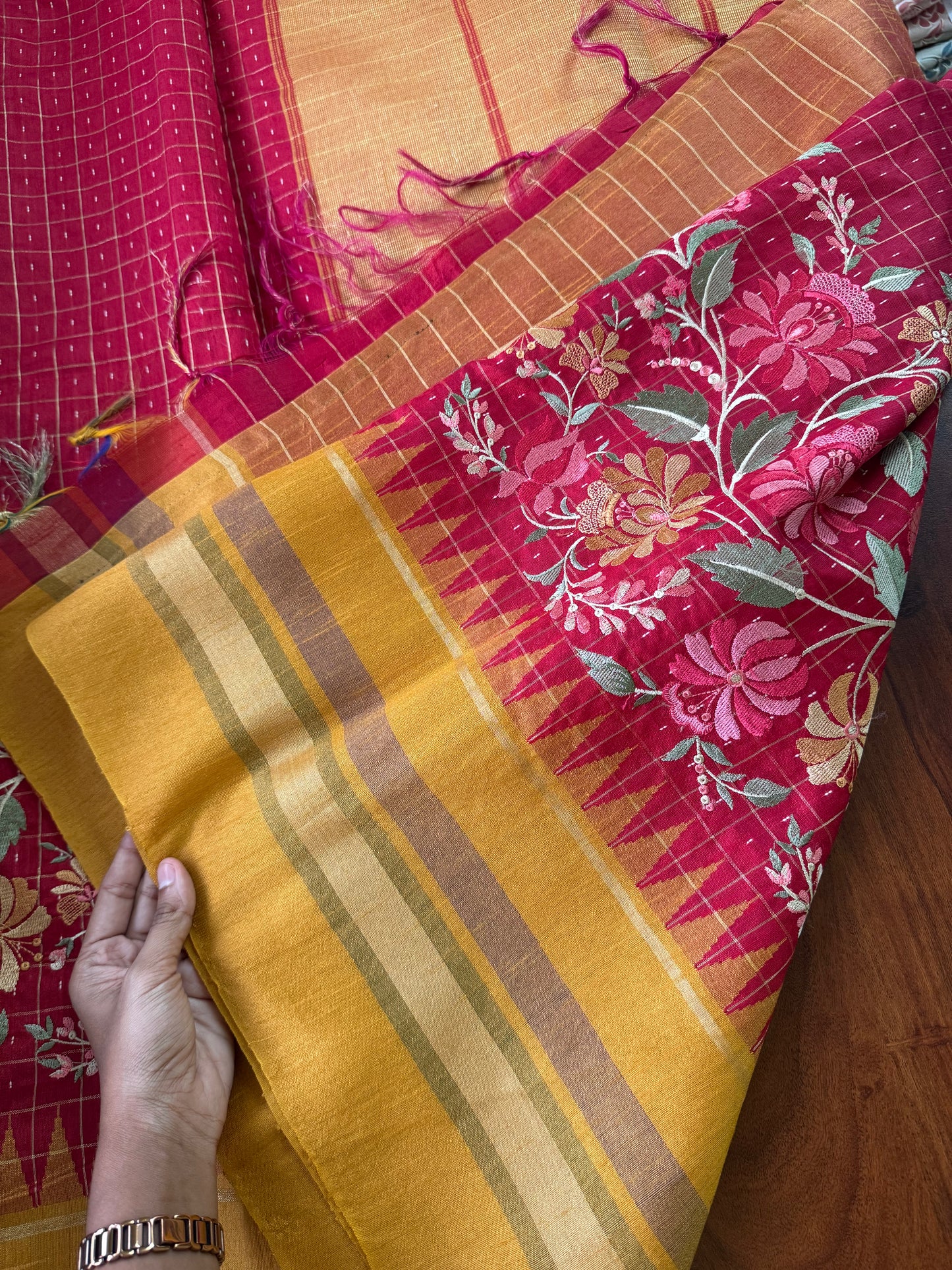 Semi Raw silk embroidered saree - Red & Yellow