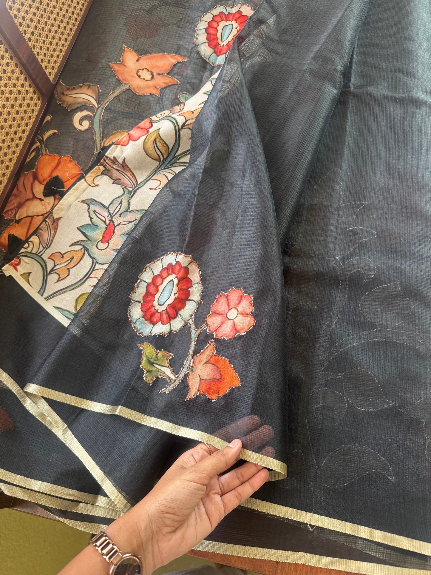 Soft Kota Saree with appliqué - Black