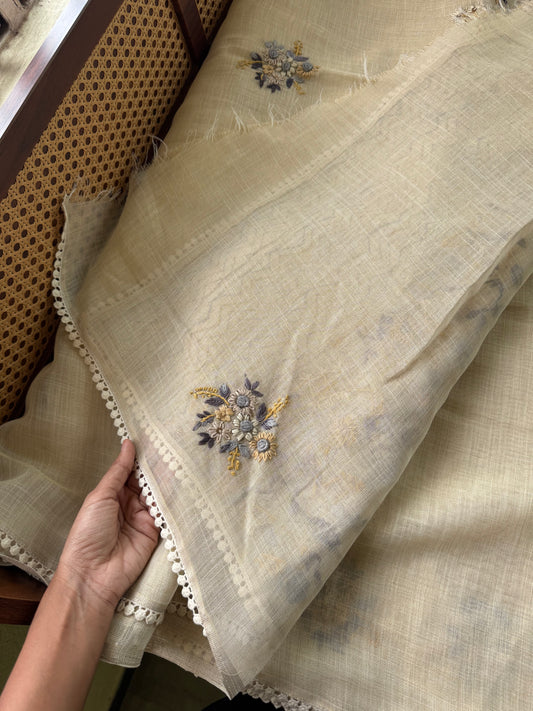Premium Tissue Linen Sarees - Half White & Grey