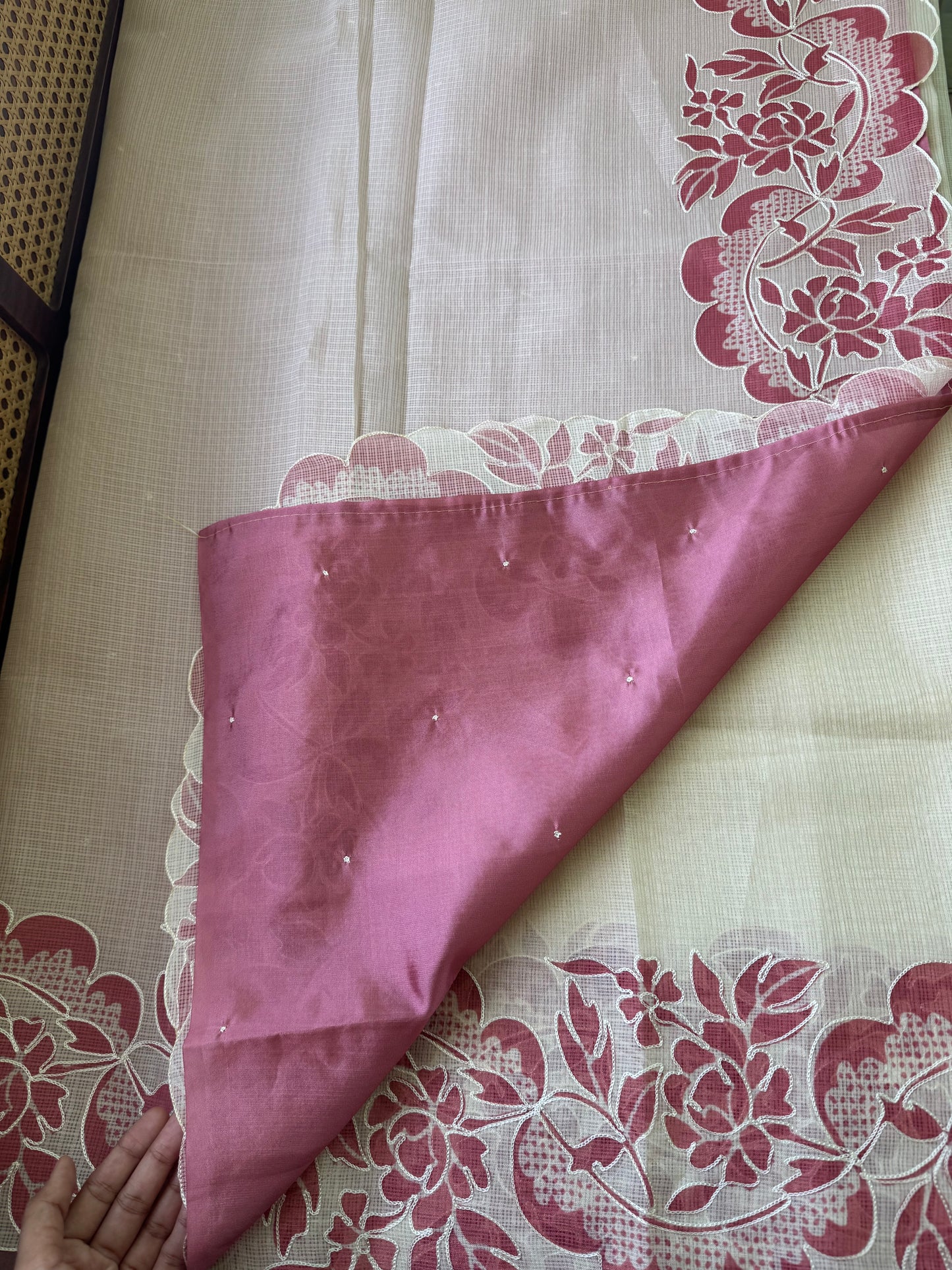 Soft Printed Kota Saree - Half White & Pink