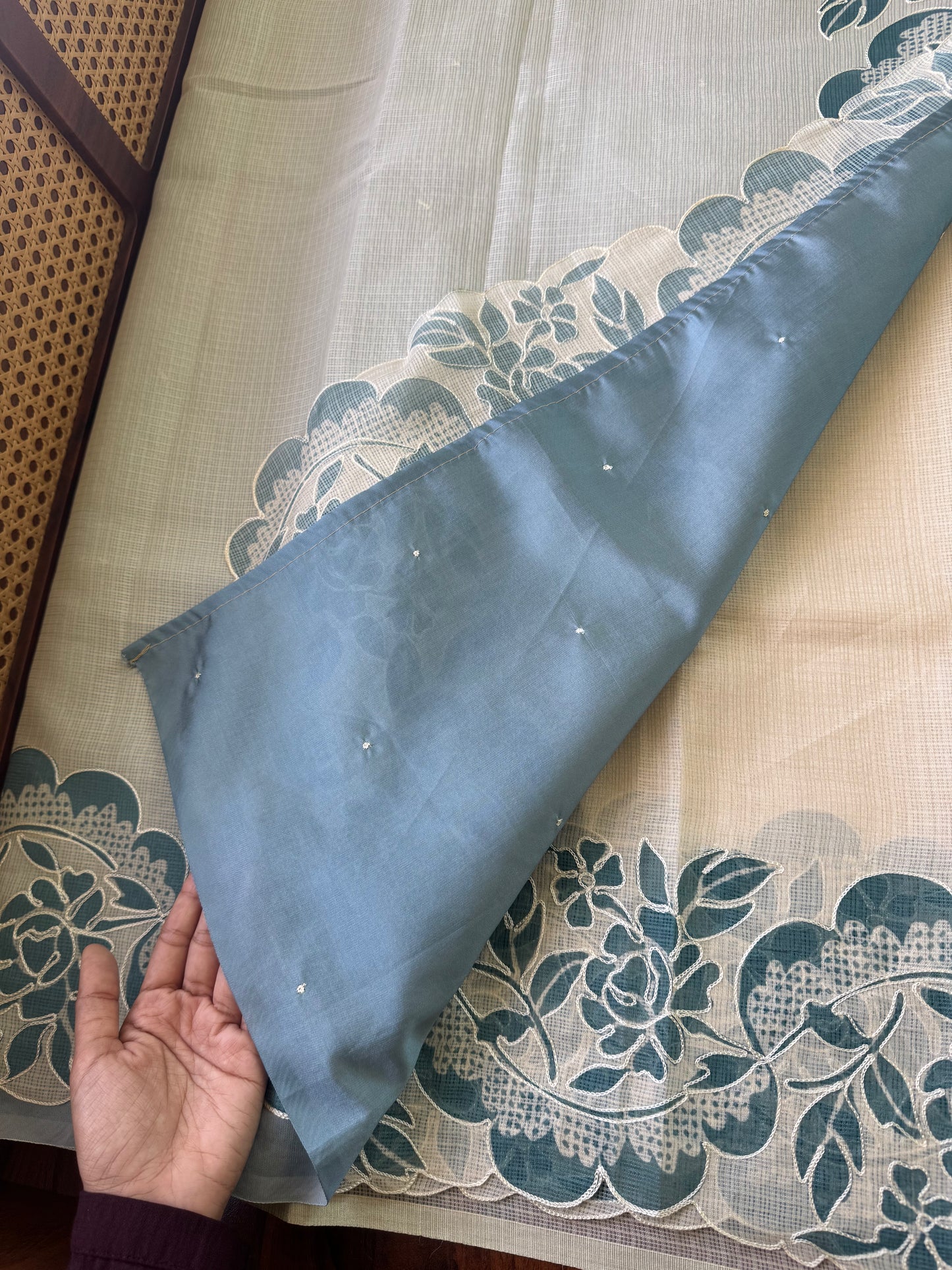 Soft Printed Kota Saree - Half White & Blue