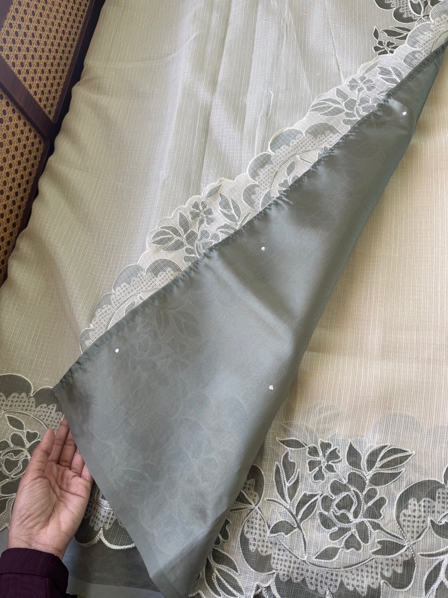 Soft Printed Kota Saree - Half White & Sage Green