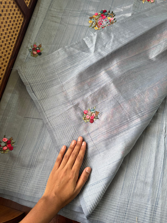 Premium Tussar Blend Saree with Handwork - Powder Blue