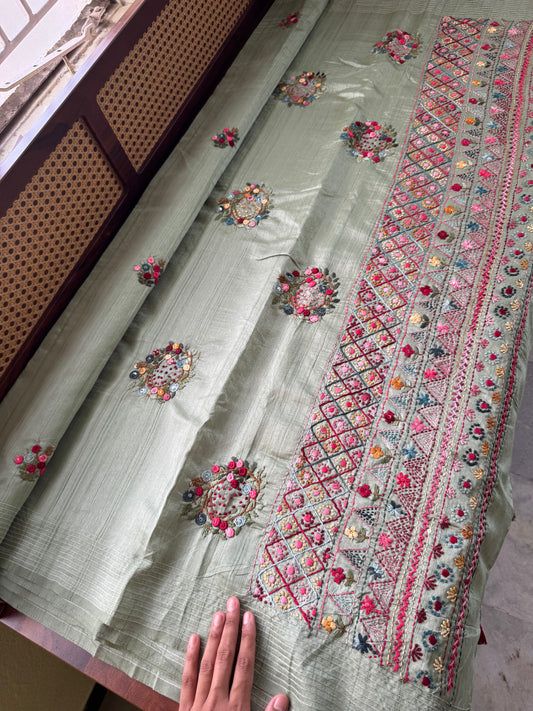 Premium Tussar Blend Saree with Handwork - Pastel Green