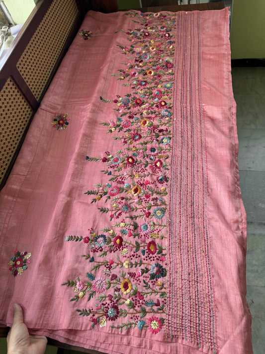 Premium Tussar Blend Saree with Handwork (Heavy Blouse)- Peach Pink