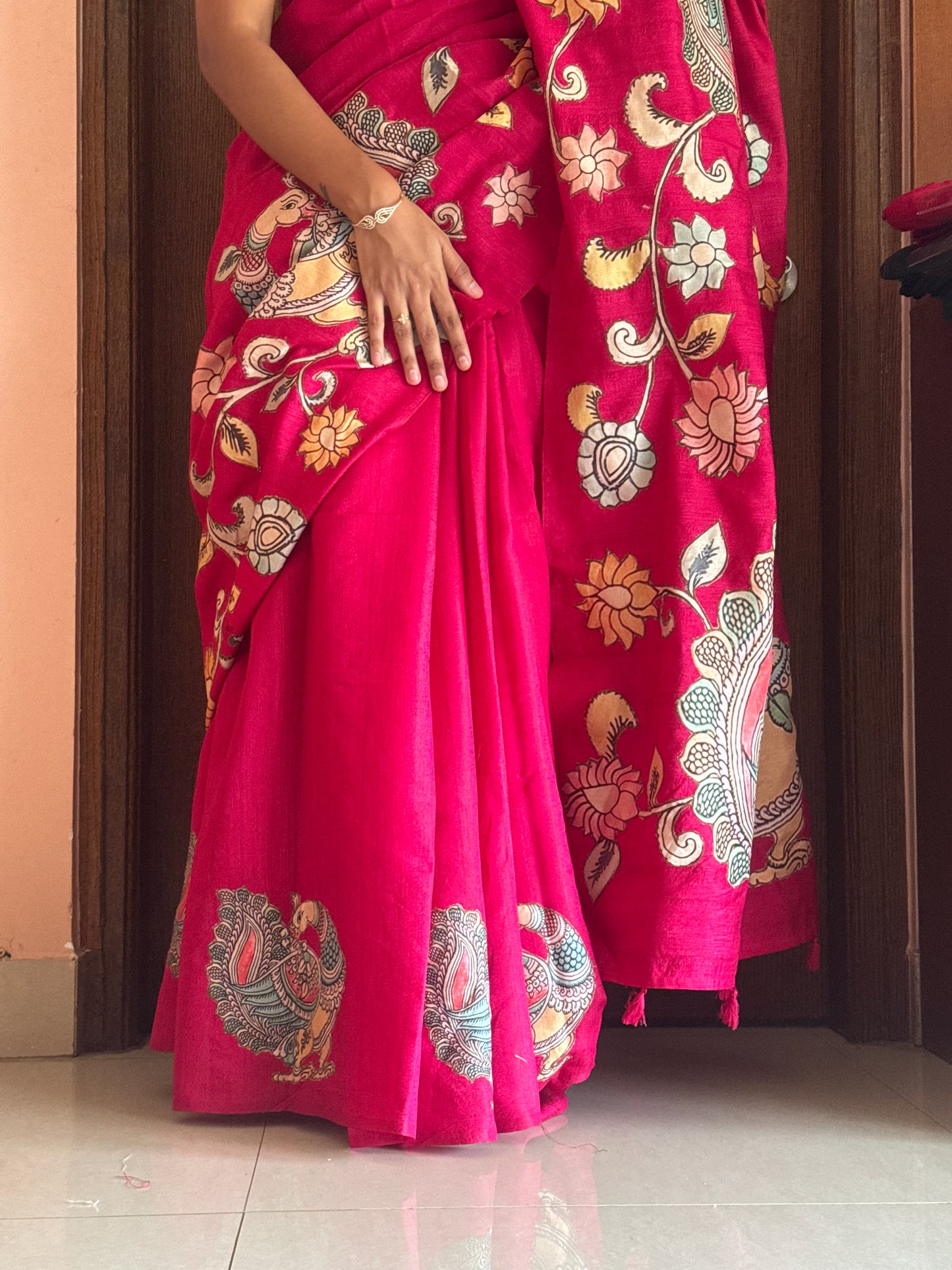 Semi Tussar Kalamkari Applique Sarees - Pink