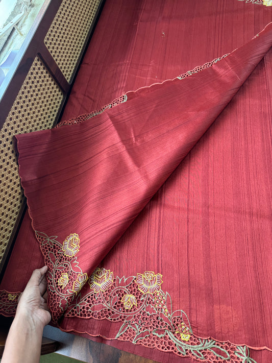 Cutwork Tussar Blend Saree - Rustic Red