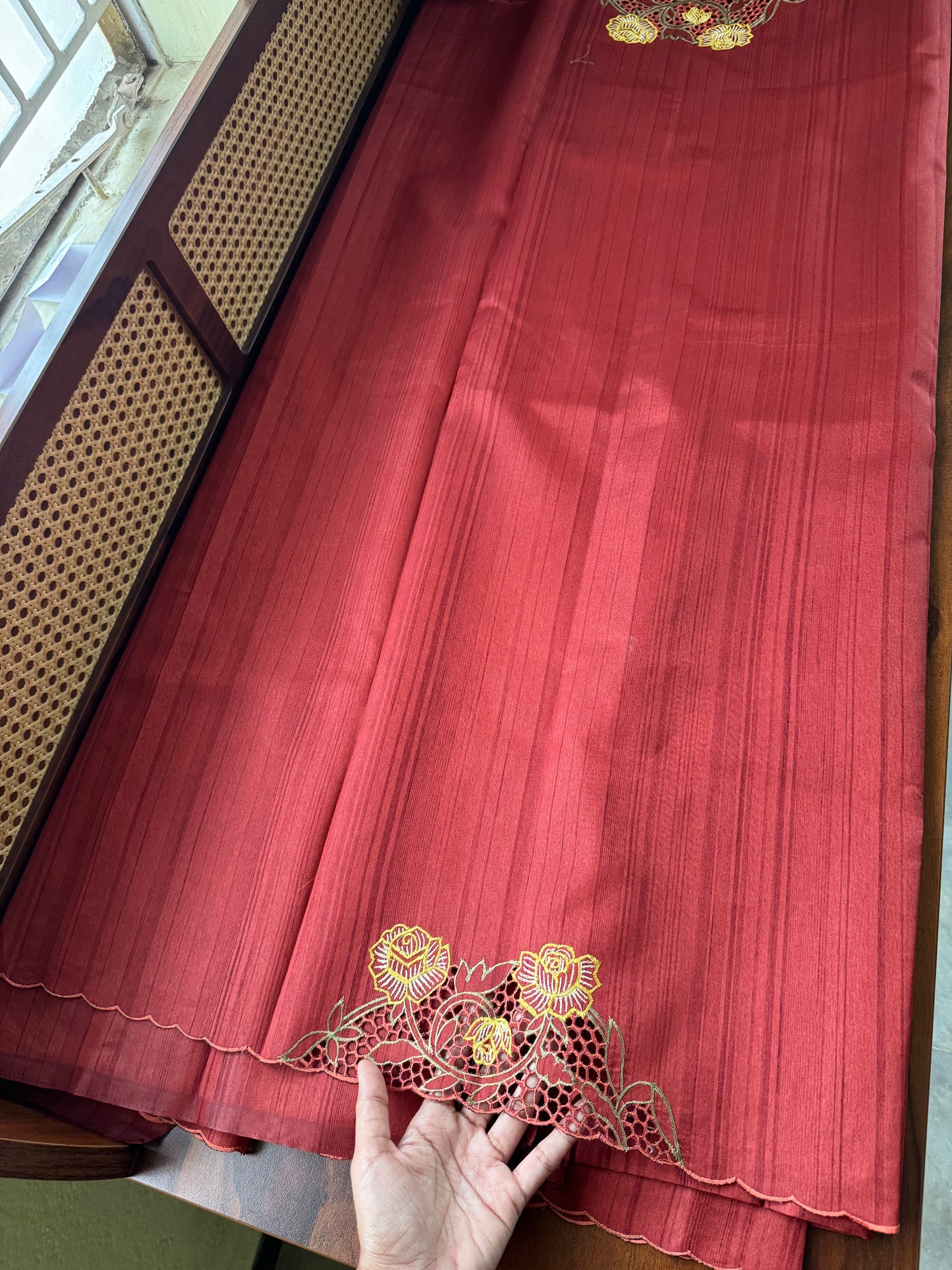Cutwork Tussar Blend Saree - Rustic Red