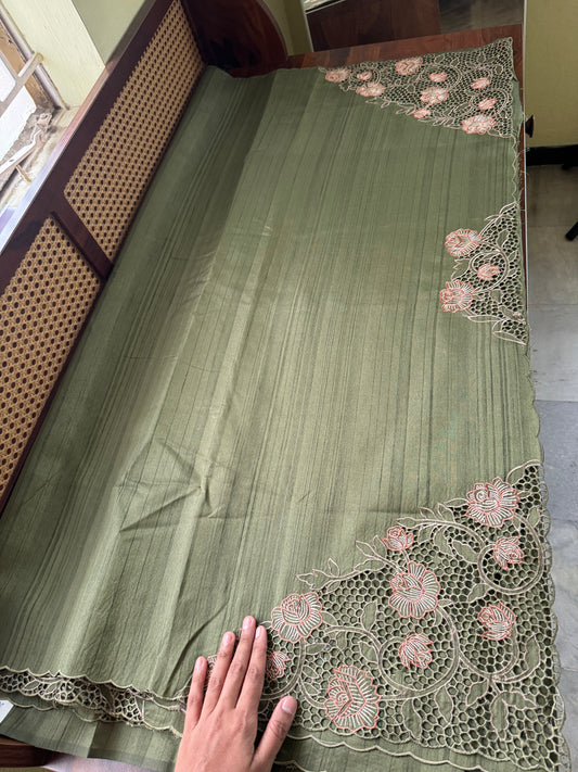 Cutwork Tussar Blend Saree - Green