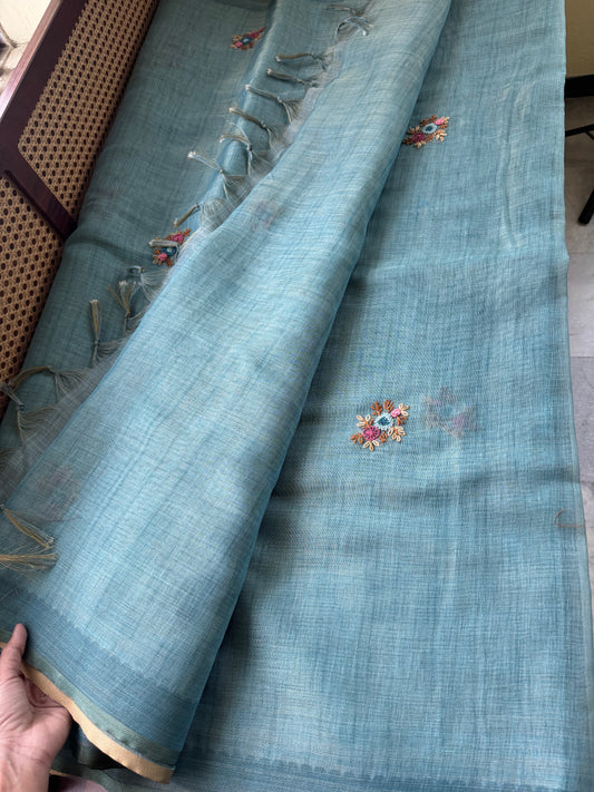 Premium Tissue Linen Sarees with heavy blouse - Blue