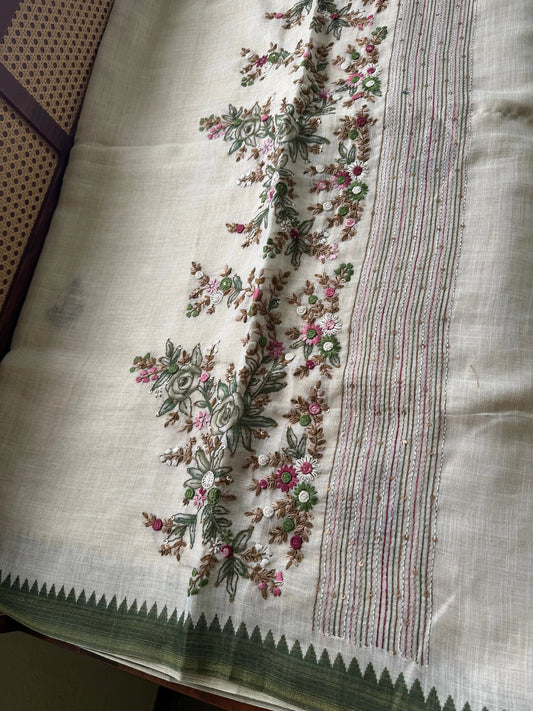 Premium Tissue Linen Sarees - Half White & Green