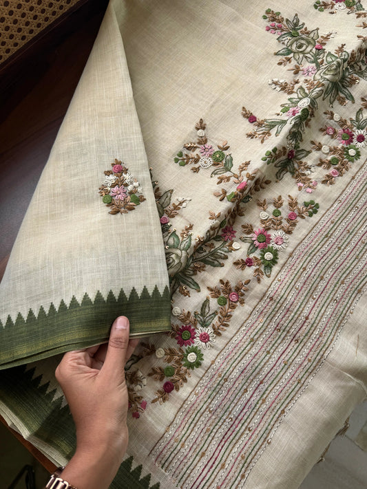 Premium Tissue Linen Sarees - Half White & Green