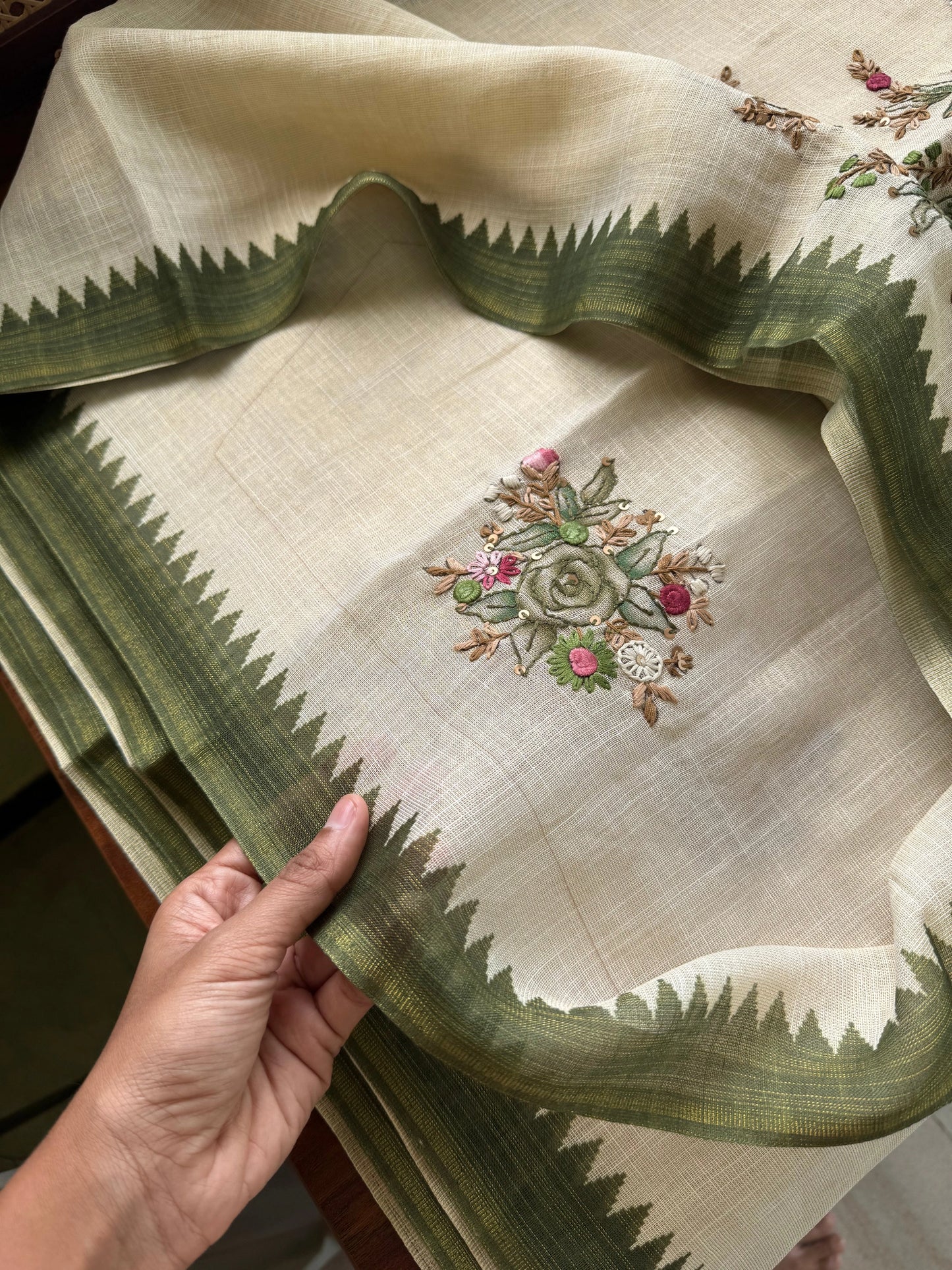 Premium Tissue Linen Sarees - Half White & Green