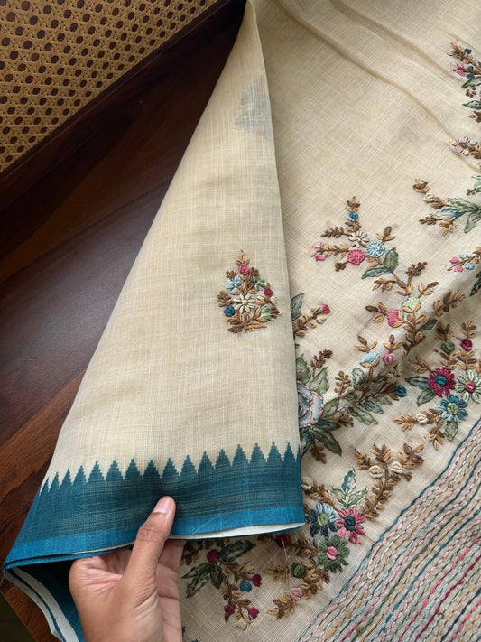 Premium Tissue Linen Sarees - Half White & Blue