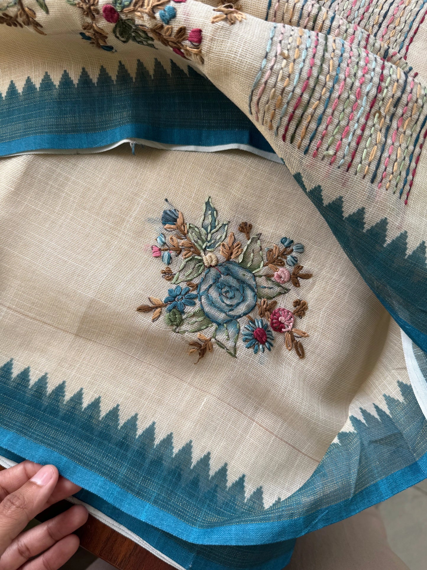 Premium Tissue Linen Sarees - Half White & Blue