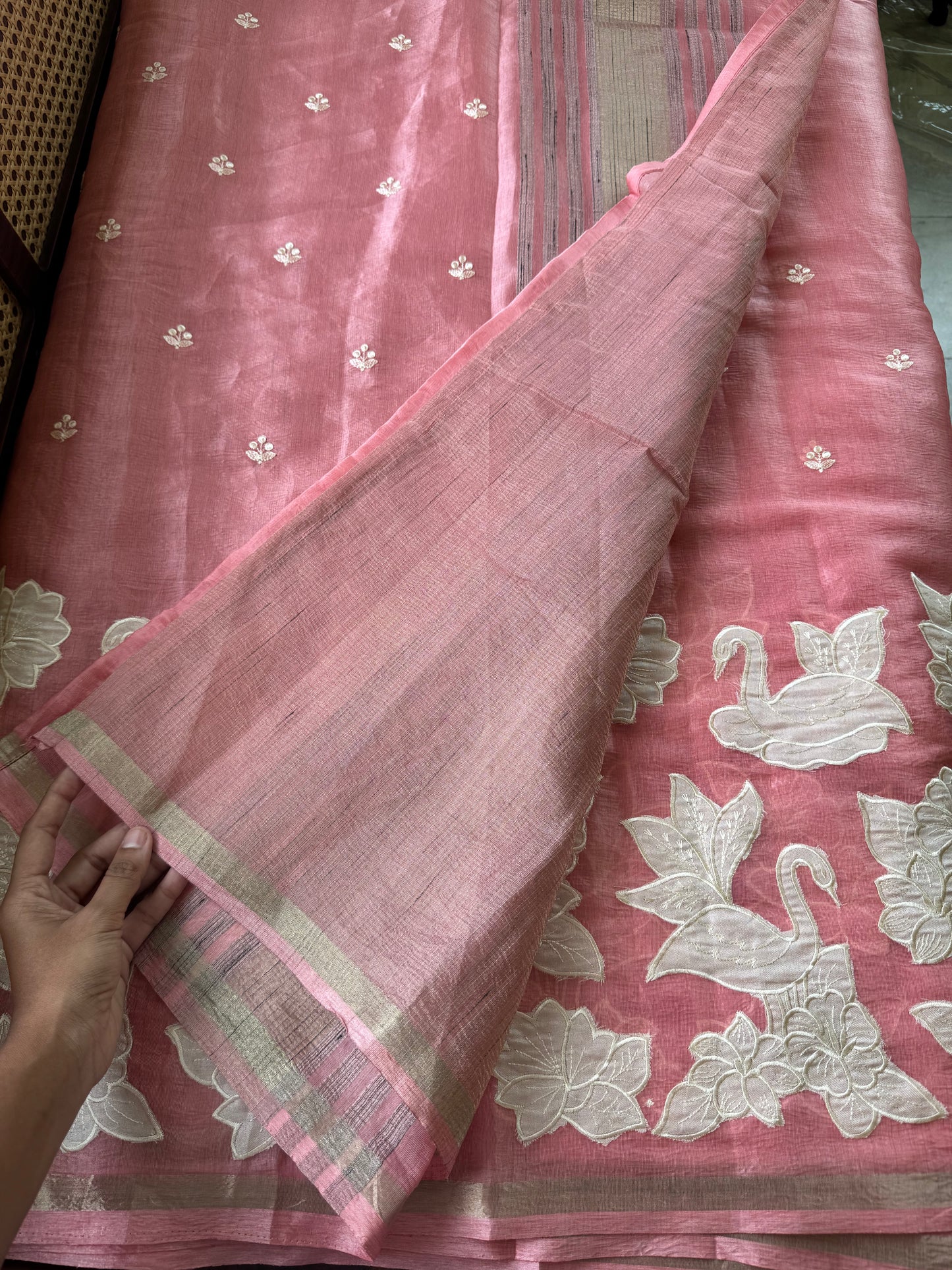 Mul Chanderi Tissue Saree with appliqué - Peach