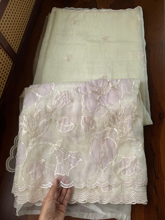 Tissue Organza Saree with appliqué work - Pearl White & Lilac