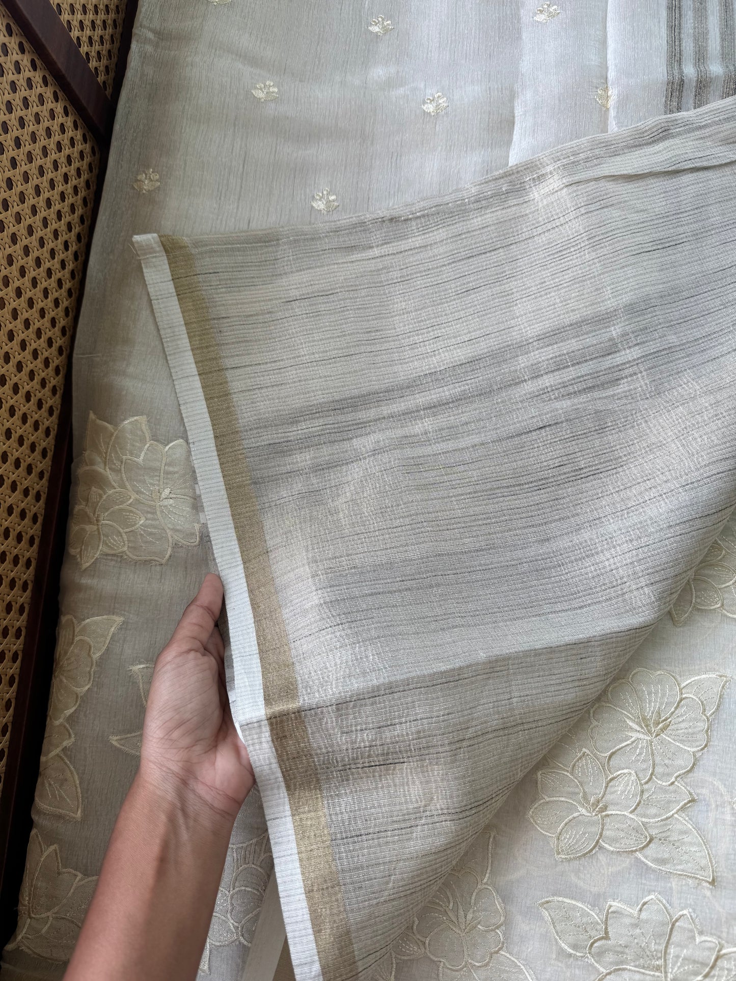 Mul Chanderi Tissue Saree with appliqué - Half White