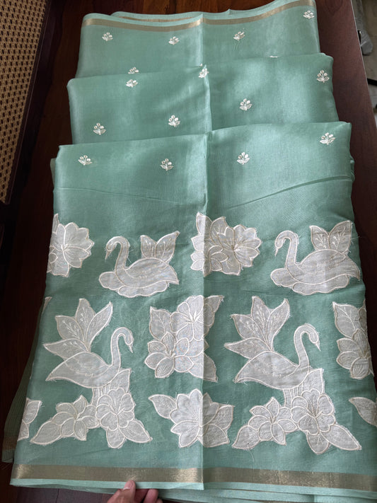 Mul Chanderi Tissue Saree with appliqué - Green