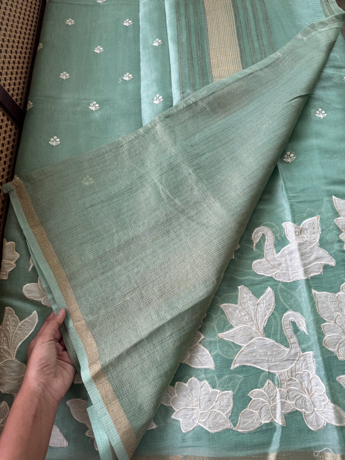 Mul Chanderi Tissue Saree with appliqué - Green