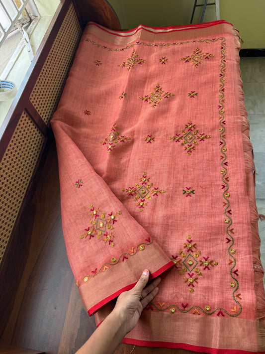 Premium Tissue Linen Sarees - Peach