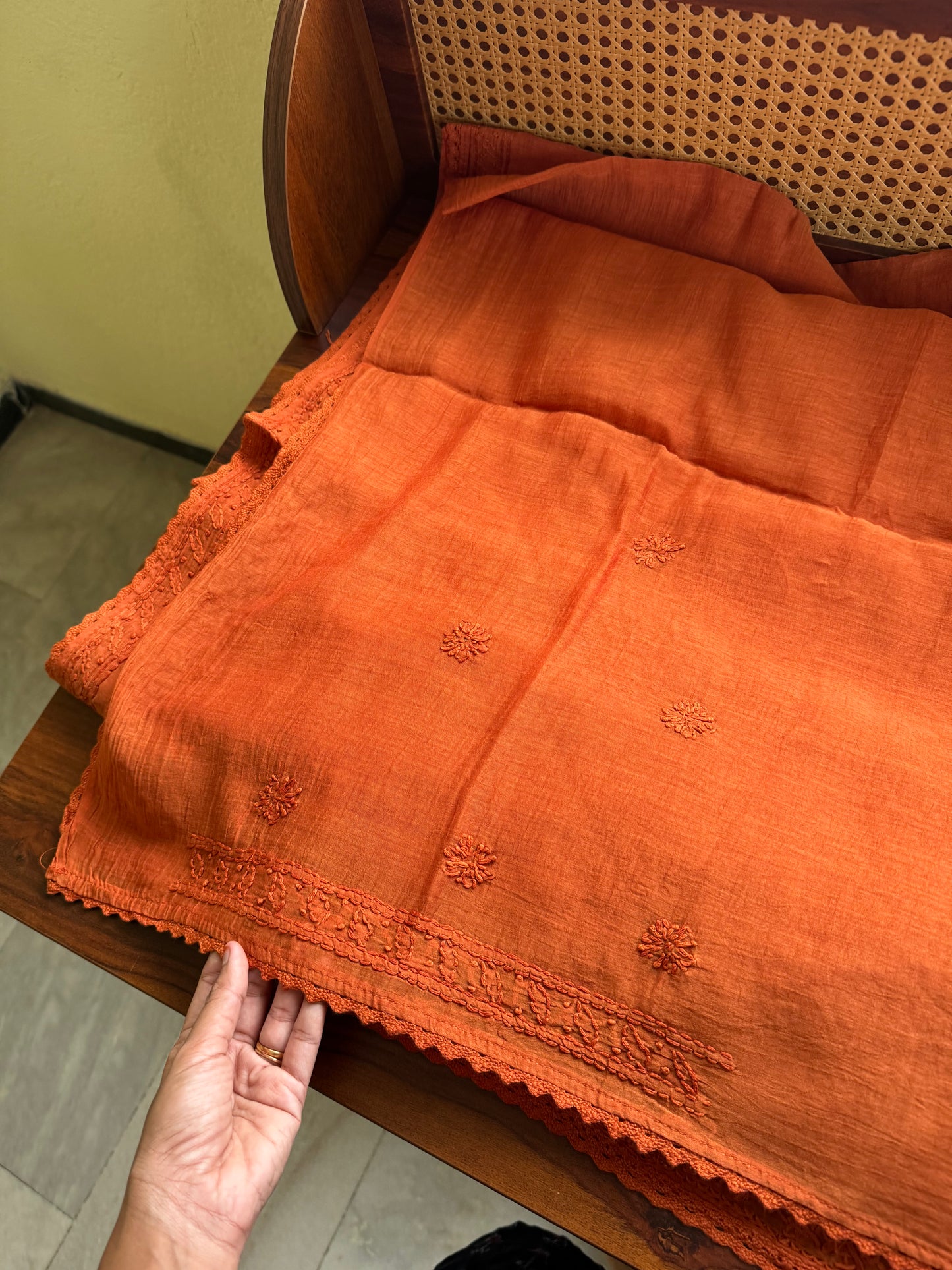 Pure Mul Chanderi Chikankari Saree - Rust Orange