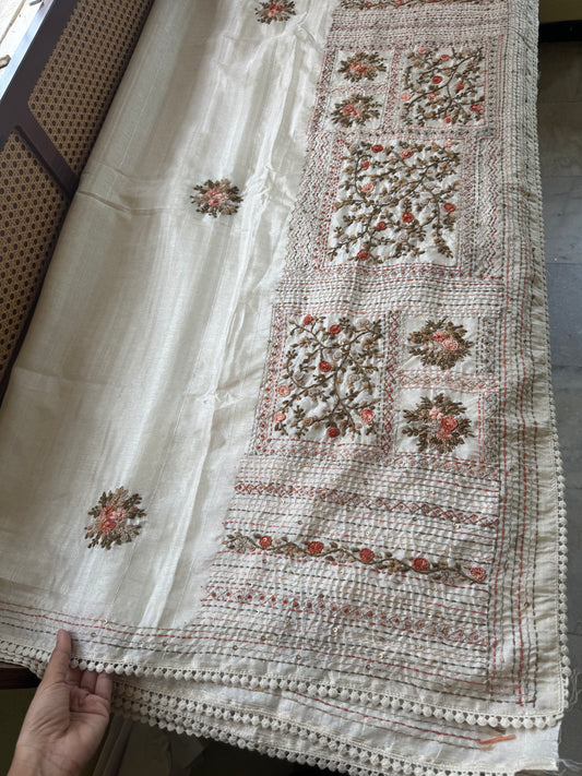 Premium Tussar Blend Saree with Handwork - Halfwhite & Orange