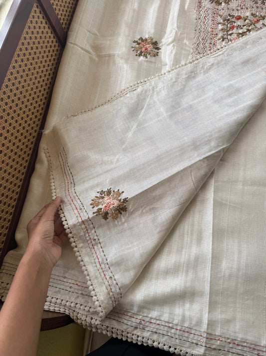 Premium Tussar Blend Saree with Handwork - Halfwhite & Orange