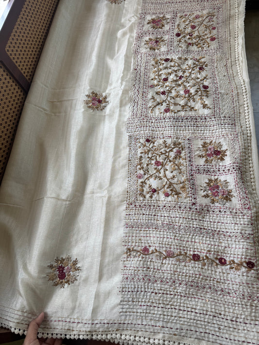Premium Tussar Blend Saree with Handwork - Halfwhite & Pink