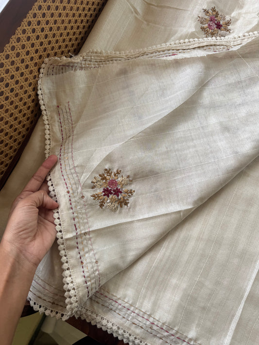 Premium Tussar Blend Saree with Handwork - Halfwhite & Pink