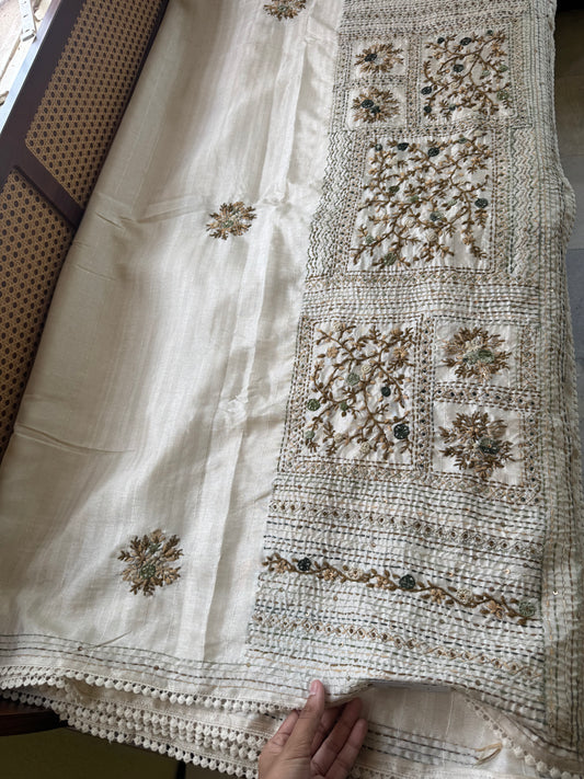 Premium Tussar Blend Saree with Handwork - Halfwhite & Green